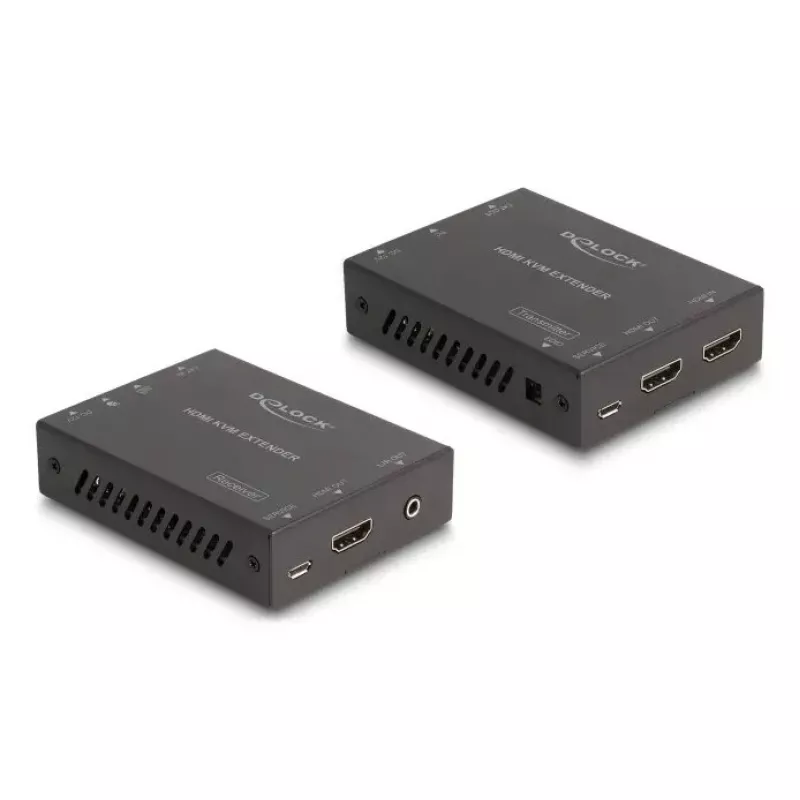 KVM paplašinātājs DELOCK 65957 — HDMI & USB raidītājs un uztvērējs, vadu, līdz 70 m, 18 Gbit/s, 600 MHz, melns