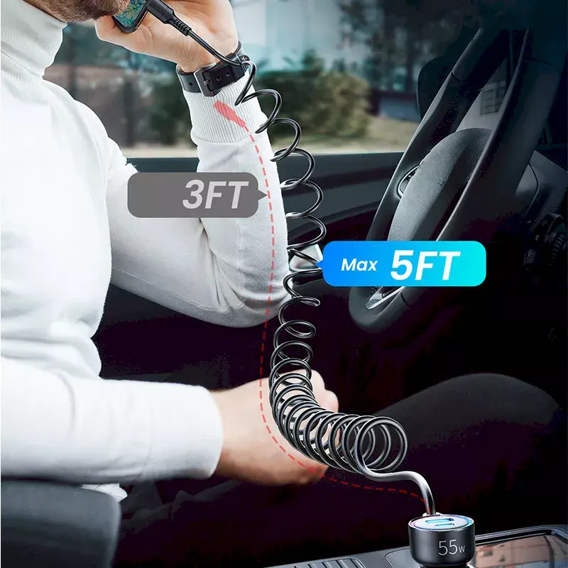 Auto lādētājs Joyroom JR-CL07 3-in-1 60W ar iebūvētu USB-C kabeli 1,6 m, melns