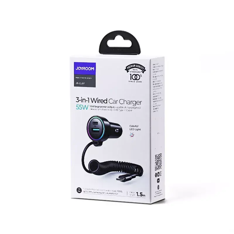 Auto lādētājs Joyroom JR-CL07 3-in-1 60W ar iebūvētu USB-C kabeli 1,6 m, melns