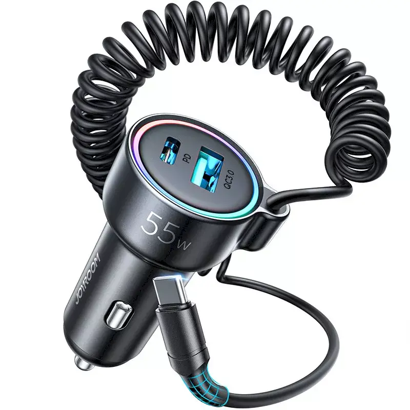 Auto lādētājs Joyroom JR-CL07 3-in-1 60W ar iebūvētu USB-C kabeli 1,6 m, melns