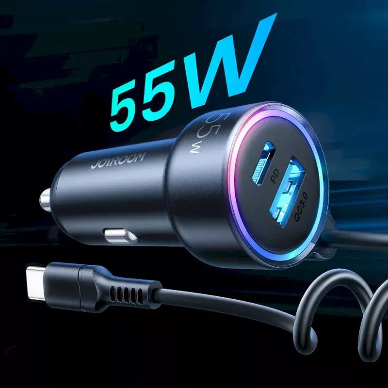 Auto lādētājs Joyroom JR-CL07 3-in-1 60W ar iebūvētu USB-C kabeli 1,6 m, melns