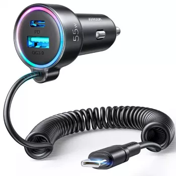 Auto lādētājs Joyroom JR-CL07 3-in-1 60W ar iebūvētu USB-C kabeli 1,6 m, melns