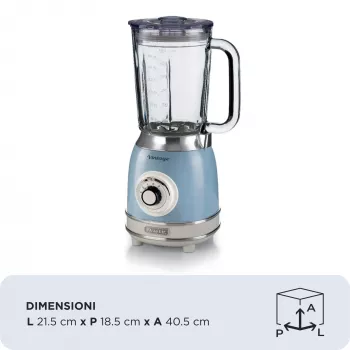 Ariete 583, Vintage blenderis ar 1,5 litru stikla trauku, 4 nerūsējošā tērauda asmeņiem, 4 ātrumiem + impulsa funkcija, 1000 W, zils