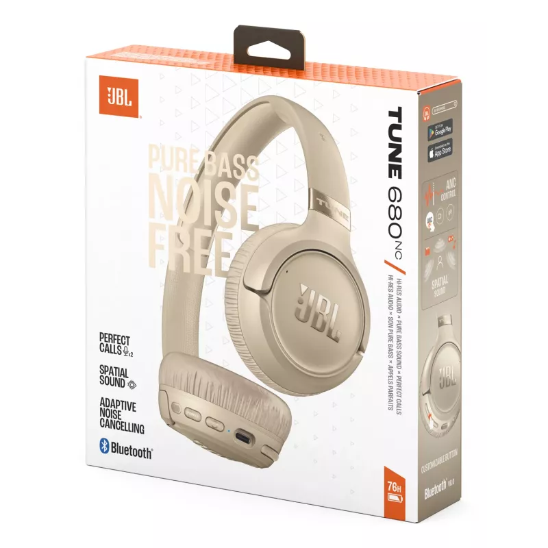 Headset JBL Tune 680NC, vadu un bezvadu (Bluetooth, USB-C), supra-aural, galvas stīpa, bēšs, 20–20000 Hz, 161 g