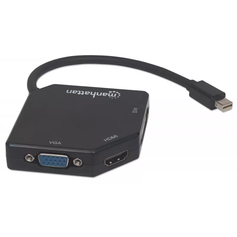 Manhattan Mini DisplayPort 1.2 uz HDMI, DVI un VGA adaptera kabelis (3-in-1), 25 cm, melns, vīriešu uz sieviešu, pasīvs, HDMI 4K@30Hz, VGA un DVI 1080p@60Hz, ekvivalents MDP2VGDVHD, saderīgs ar DVD-D, trīs gadu garantija, blisteris
