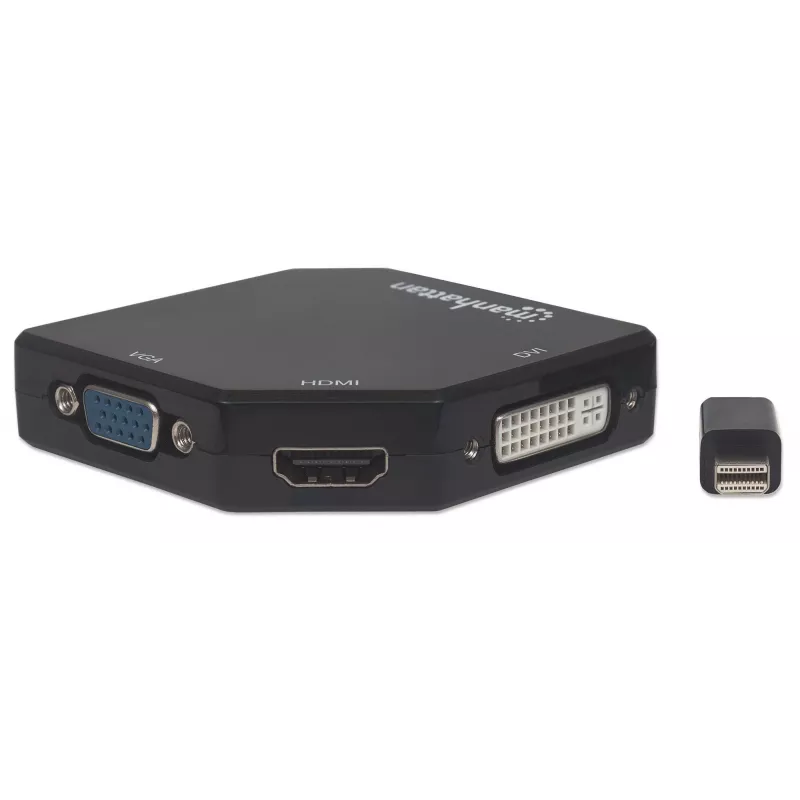 Manhattan Mini DisplayPort 1.2 uz HDMI, DVI un VGA adaptera kabelis (3-in-1), 25 cm, melns, vīriešu uz sieviešu, pasīvs, HDMI 4K@30Hz, VGA un DVI 1080p@60Hz, ekvivalents MDP2VGDVHD, saderīgs ar DVD-D, trīs gadu garantija, blisteris