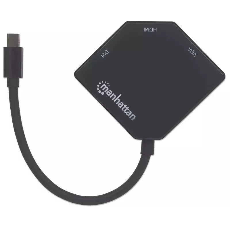 Manhattan Mini DisplayPort 1.2 uz HDMI, DVI un VGA adaptera kabelis (3-in-1), 25 cm, melns, vīriešu uz sieviešu, pasīvs, HDMI 4K@30Hz, VGA un DVI 1080p@60Hz, ekvivalents MDP2VGDVHD, saderīgs ar DVD-D, trīs gadu garantija, blisteris