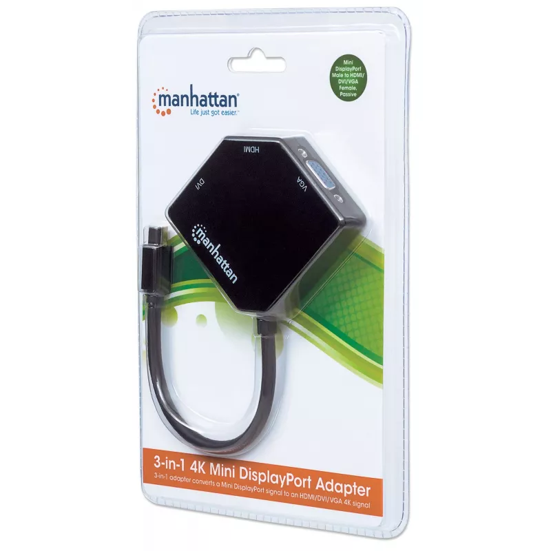 Manhattan Mini DisplayPort 1.2 uz HDMI, DVI un VGA adaptera kabelis (3-in-1), 25 cm, melns, vīriešu uz sieviešu, pasīvs, HDMI 4K@30Hz, VGA un DVI 1080p@60Hz, ekvivalents MDP2VGDVHD, saderīgs ar DVD-D, trīs gadu garantija, blisteris