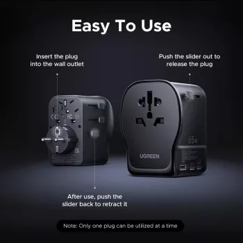 Iekštelpu maiņstrāvas mobilās ierīces lādētājs UGREEN 55001 — 2× USB-C, 100–240V, ātrā uzlāde, melns/pelēks