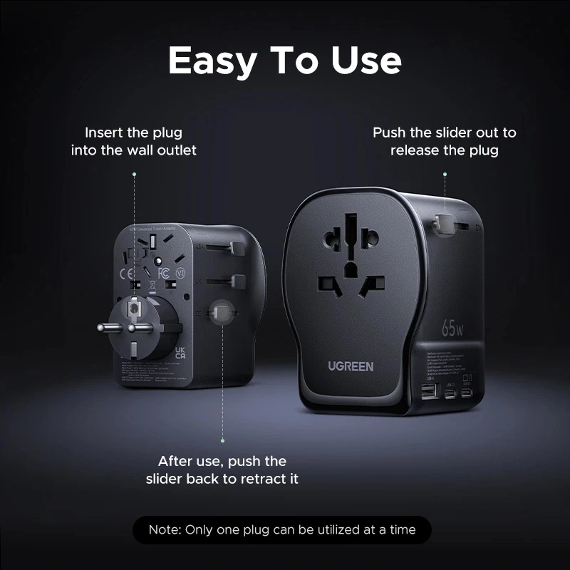 Iekštelpu maiņstrāvas mobilās ierīces lādētājs UGREEN 55001 — 2× USB-C, 100–240V, ātrā uzlāde, melns/pelēks