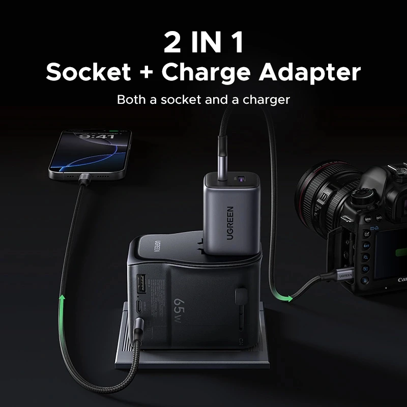 Iekštelpu maiņstrāvas mobilās ierīces lādētājs UGREEN 55001 — 2× USB-C, 100–240V, ātrā uzlāde, melns/pelēks