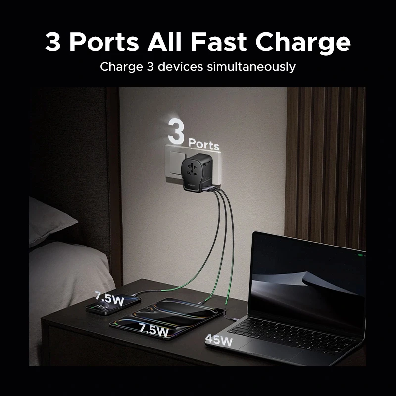 Iekštelpu maiņstrāvas mobilās ierīces lādētājs UGREEN 55001 — 2× USB-C, 100–240V, ātrā uzlāde, melns/pelēks