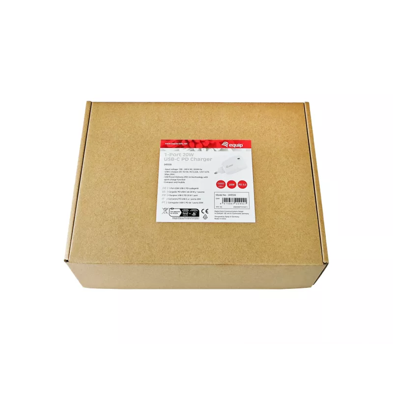 Equip 1 pieslēgvietas 20 W USB-C PD lādētājs, iekštelpu, maiņstrāva, balts, 100–240 V