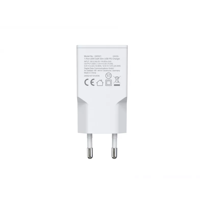 Sienas lādētājs EQUIP 1-Ports 20W GaN USB-C PD — 100–240V ieeja, 12V maks. izeja, balts