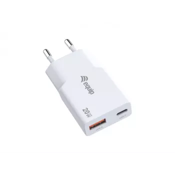 EQUIP 2‑portu 20W GaN plāns USB PD lādētājs — USB‑C x1, USB‑A x1, ieeja 100–240 V, maks. izeja 12 V, balts