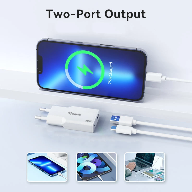EQUIP 2‑portu 20W GaN plāns USB PD lādētājs — USB‑C x1, USB‑A x1, ieeja 100–240 V, maks. izeja 12 V, balts