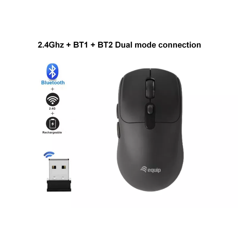 EQUIP abām rokām piemērota 6 pogu divu režīmu bezvadu pele, optiska 1600 DPI, RF + Bluetooth, melna