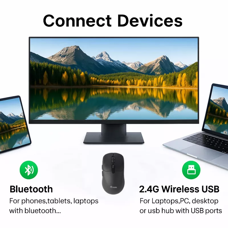 EQUIP abām rokām piemērota 6 pogu divu režīmu bezvadu pele, optiska 1600 DPI, RF + Bluetooth, melna