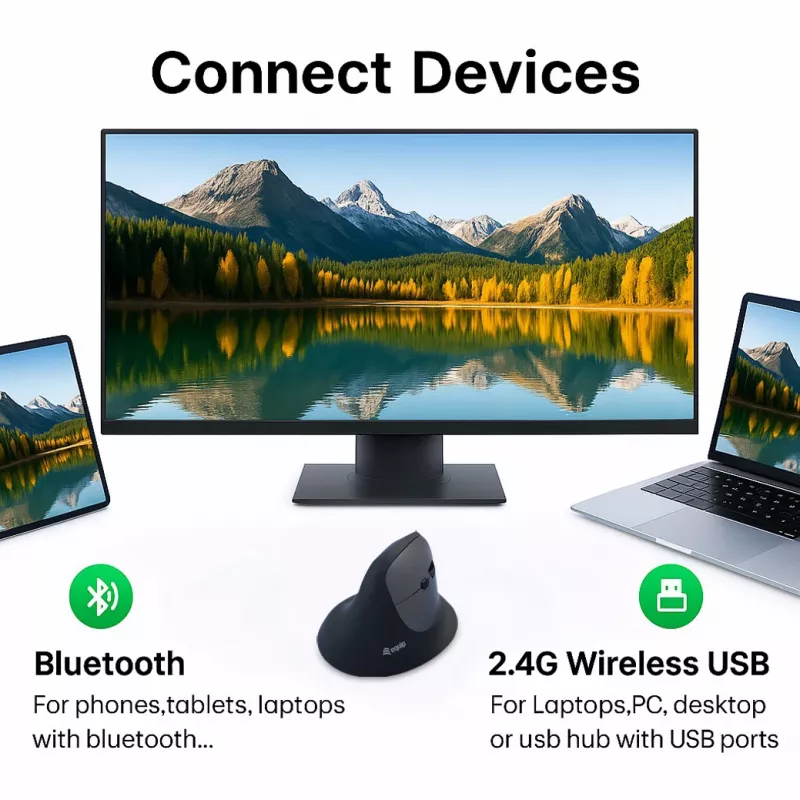 EQUIP ergonomiskā labās rokas vertikālā bezvadu pele 1600 DPI, RF Wireless + Bluetooth, uzlādējama, 6 pogas, melna