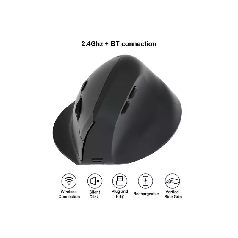 EQUIP ergonomiskā labās rokas vertikālā bezvadu pele 1600 DPI, RF Wireless + Bluetooth, uzlādējama, 6 pogas, melna