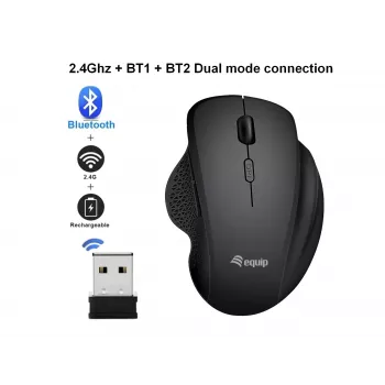 EQUIP 6 pogu divu režīmu uzlādējama bezvadu pele — labročiem, optiskā 1600 DPI, RF bezvadu + Bluetooth, melna