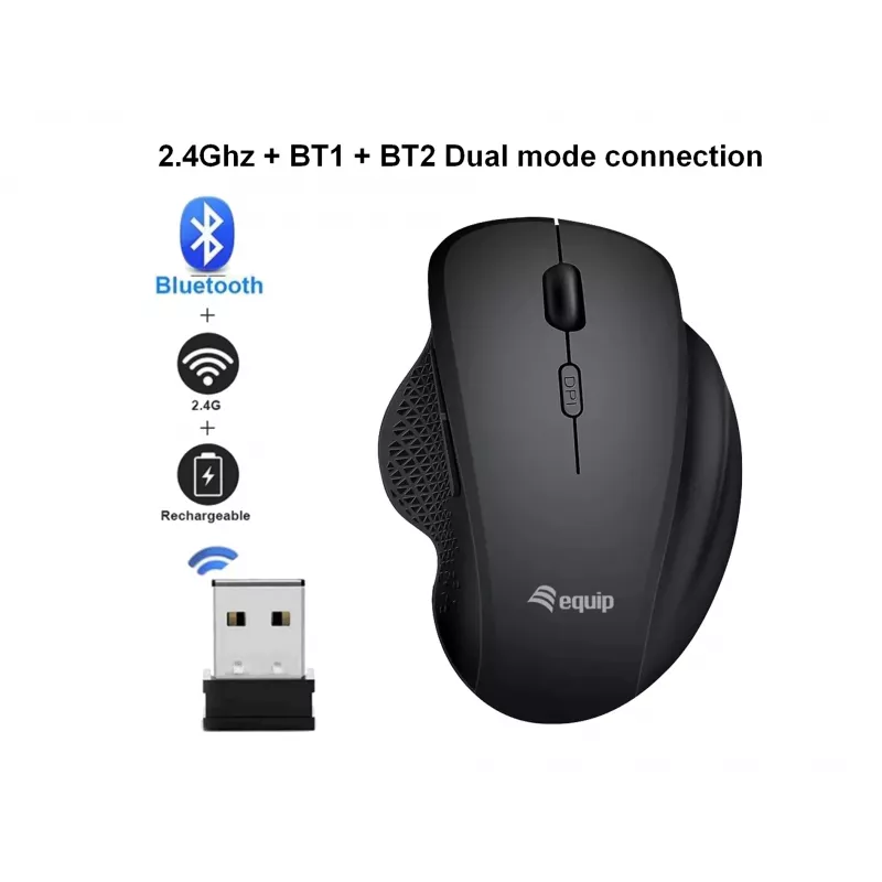 EQUIP 6 pogu divu režīmu uzlādējama bezvadu pele — labročiem, optiskā 1600 DPI, RF bezvadu + Bluetooth, melna
