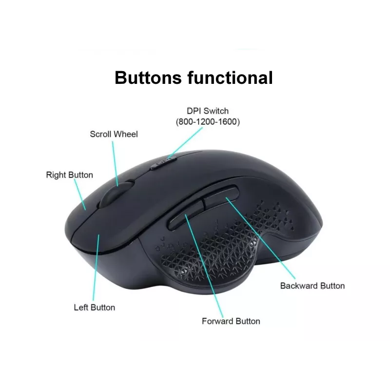 EQUIP 6 pogu divu režīmu uzlādējama bezvadu pele — labročiem, optiskā 1600 DPI, RF bezvadu + Bluetooth, melna