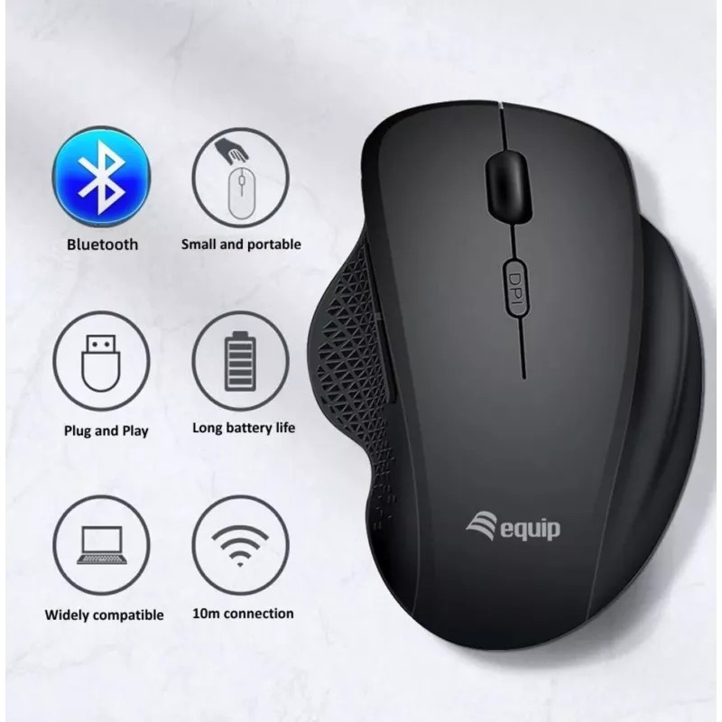 EQUIP 6 pogu divu režīmu uzlādējama bezvadu pele — labročiem, optiskā 1600 DPI, RF bezvadu + Bluetooth, melna