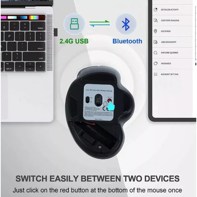 EQUIP 6 pogu divu režīmu uzlādējama bezvadu pele — labročiem, optiskā 1600 DPI, RF bezvadu + Bluetooth, melna
