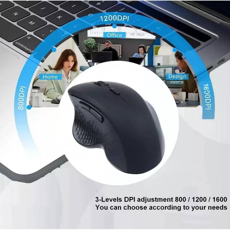 EQUIP 6 pogu divu režīmu uzlādējama bezvadu pele — labročiem, optiskā 1600 DPI, RF bezvadu + Bluetooth, melna