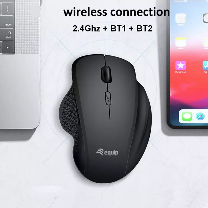 EQUIP 6 pogu divu režīmu uzlādējama bezvadu pele — labročiem, optiskā 1600 DPI, RF bezvadu + Bluetooth, melna