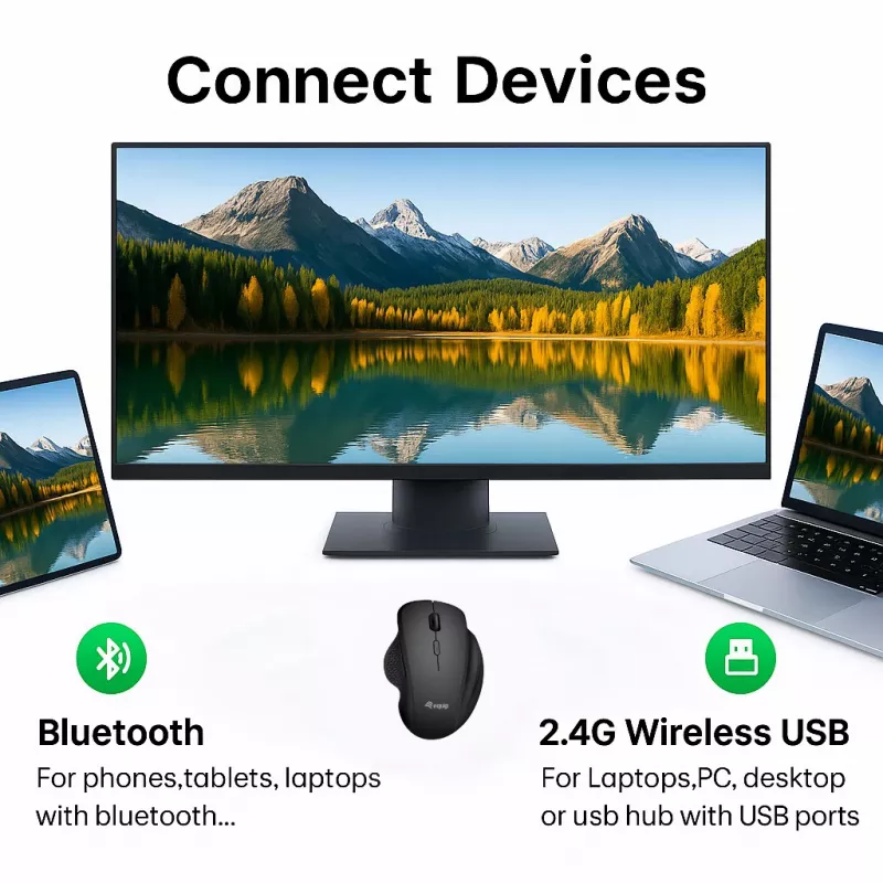 EQUIP 6 pogu divu režīmu uzlādējama bezvadu pele — labročiem, optiskā 1600 DPI, RF bezvadu + Bluetooth, melna