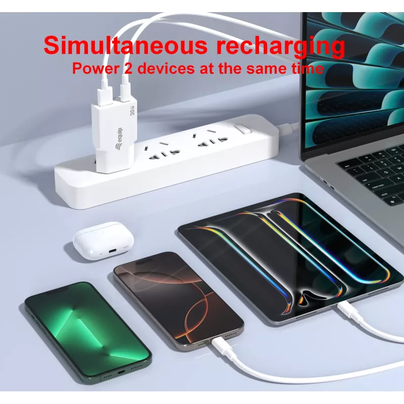 EQUIP 2 portu 30 W GaN plāns USB PD lādētājs — USB-C x1, USB-A x1, 100–240 V ieeja, maks. 20 V izeja, balts