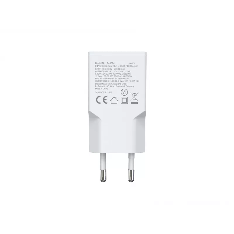 EQUIP 2-Port 30W GaN plāns USB-C PD lādētājs — 2 USB-C pieslēgvietas, 100–240V ieeja, maks. 20V izeja, balts