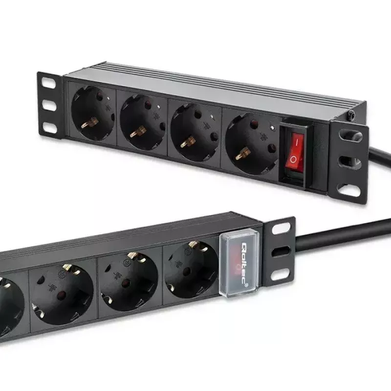 Barošanas sadalītājs QOLTEC 54603 — 1U statnē montējams, 16A ieeja, 4× SCHUKO rozetes