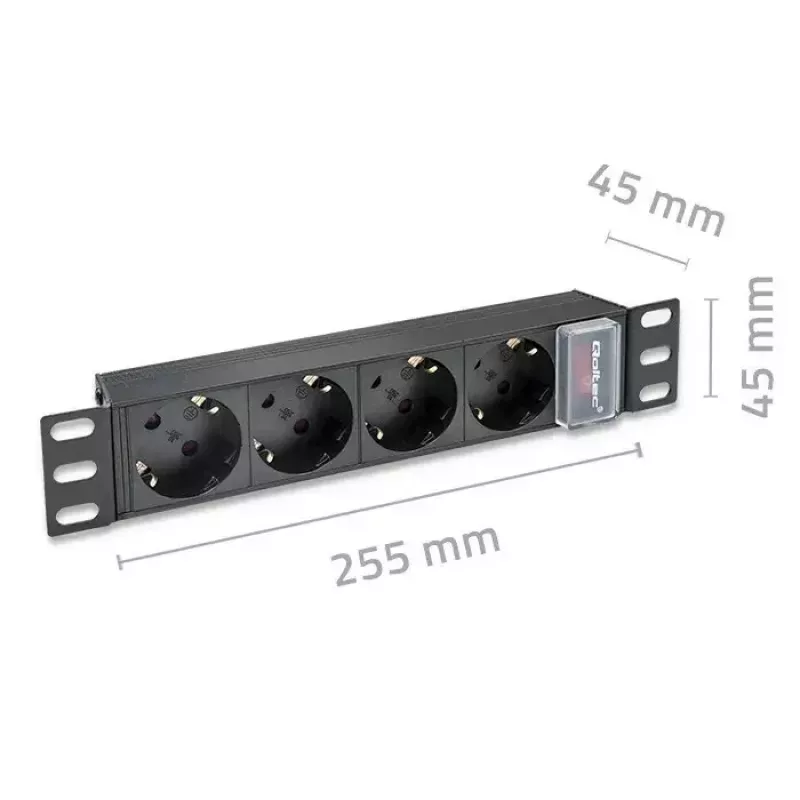 Barošanas sadalītājs QOLTEC 54603 — 1U statnē montējams, 16A ieeja, 4× SCHUKO rozetes