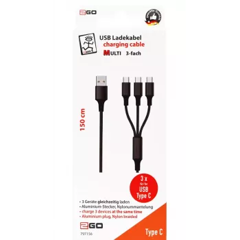 USB kabelis 2GO 797156 1,5 m USB B 3 x USB C melns