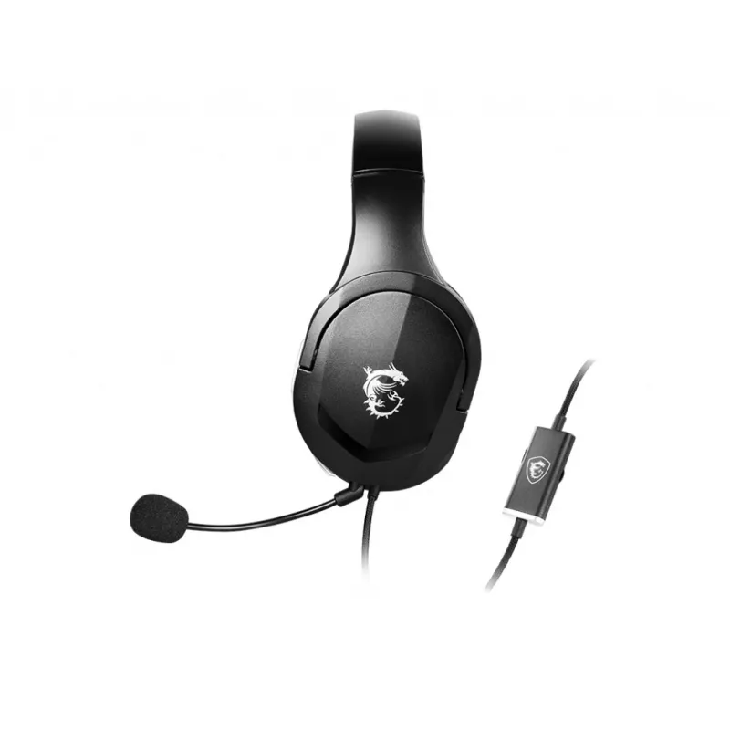 MSI IMMERSE GH20 spēļu austiņas '3,5 mm iekļauts audio sadalītāja piederums, melnas, 40 mm draiveri, vienvirziena mikrofons, saderīgas ar datoru un vairākām platformām'