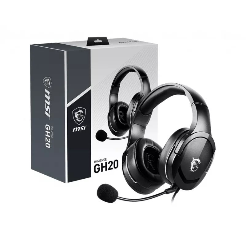MSI IMMERSE GH20 spēļu austiņas '3,5 mm iekļauts audio sadalītāja piederums, melnas, 40 mm draiveri, vienvirziena mikrofons, saderīgas ar datoru un vairākām platformām'