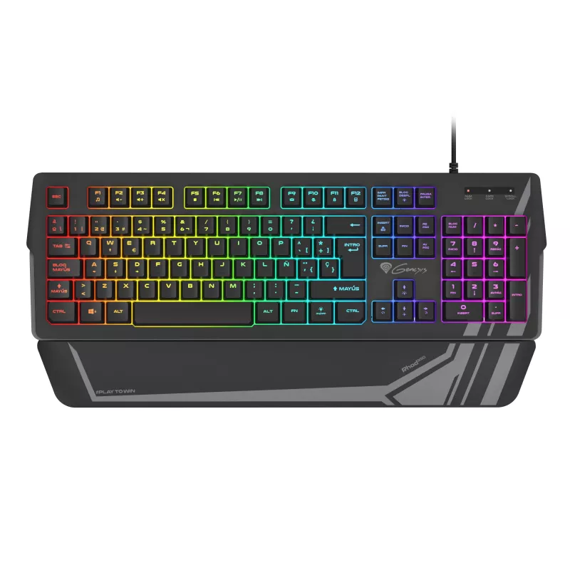 Spēļu tastatūra GENESIS Rhod 350 RGB — Pilnizmēra 104 taustiņu USB QWERTY spāņu, melna, RGB fona apgaismojums, plaukstu balsts