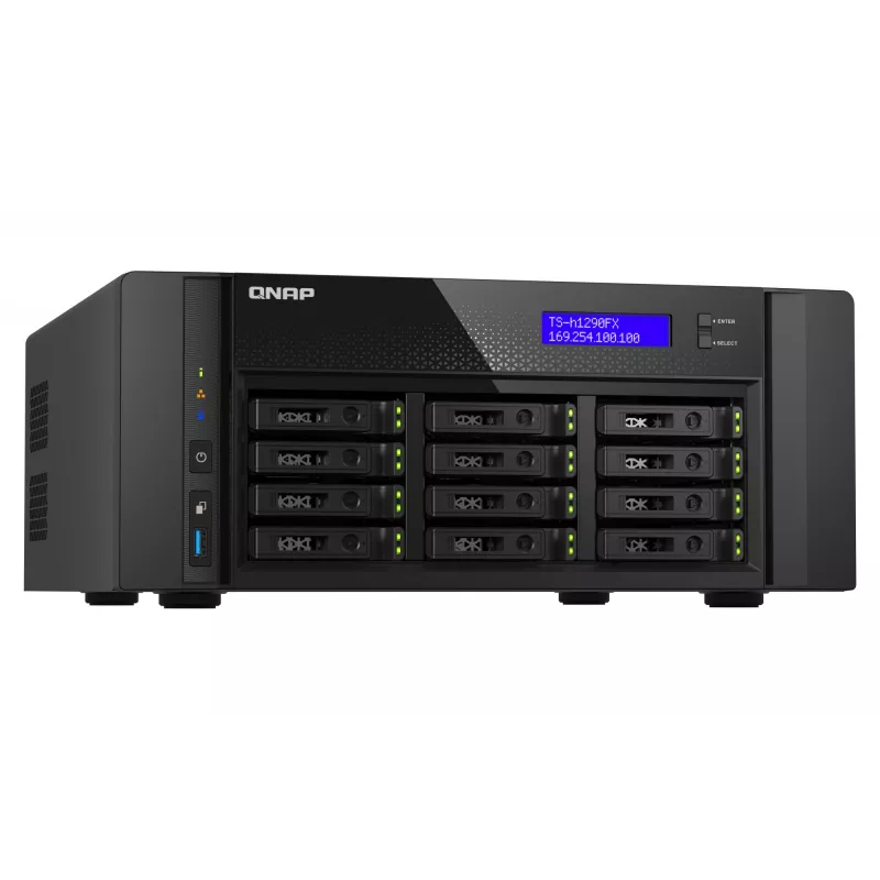 NAS tornis QNAP TS-h1290FX — EPYC 7302P 3.0 GHz, 128 GB DDR4, 12 nodalījumi, QuTS hero, melns