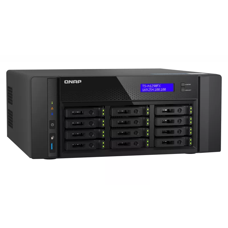 NAS tornis QNAP TS-h1290FX — EPYC 7302P 3.0 GHz, 128 GB DDR4, 12 nodalījumi, QuTS hero, melns