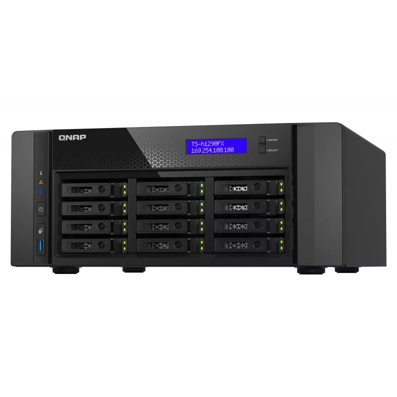 NAS tornis QNAP TS-h1290FX — EPYC 7302P 3.0 GHz, 128 GB DDR4, 12 nodalījumi, QuTS hero, melns