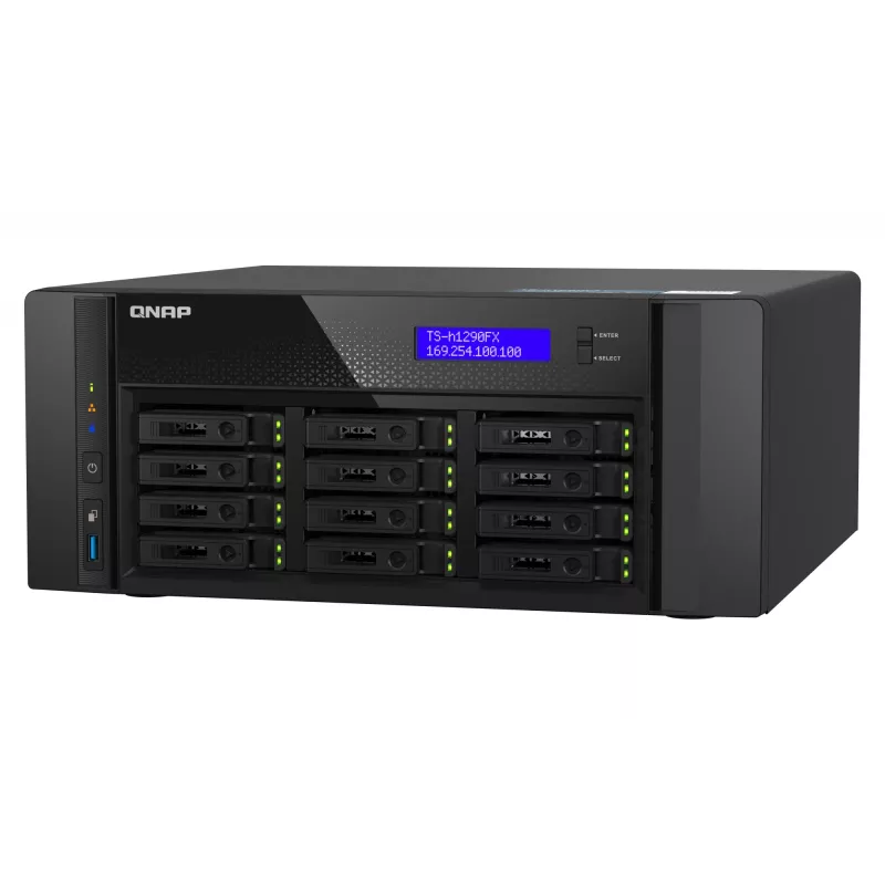 NAS tornis QNAP TS-h1290FX — EPYC 7302P 3.0 GHz, 128 GB DDR4, 12 nodalījumi, QuTS hero, melns