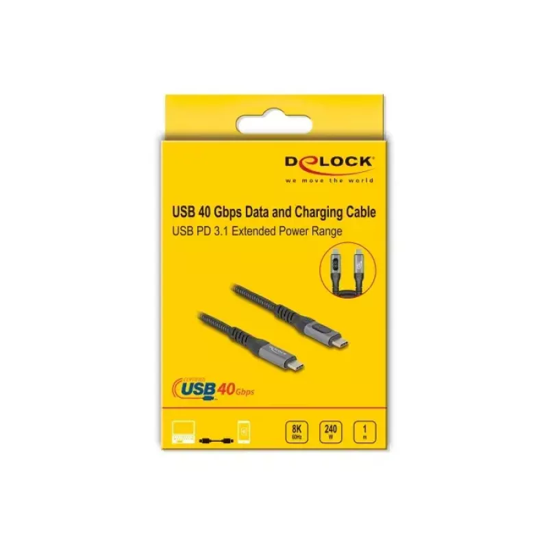 DeLOCK USB 40 Gbps datu un ātrās uzlādes koaksiālais kabelis 1 m USB PD 3.1 240 W