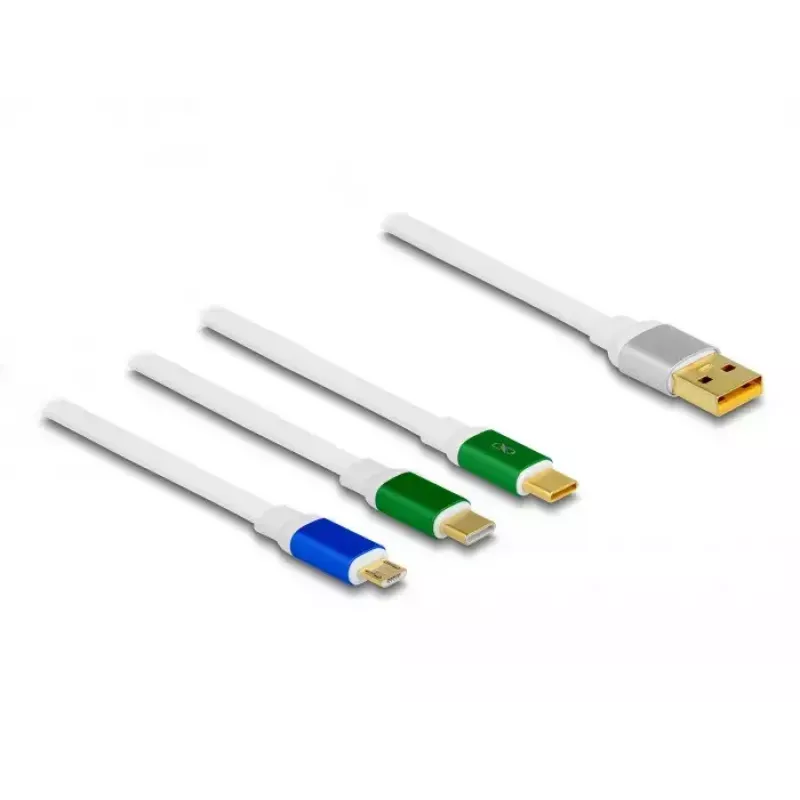 DeLOCK USB 3 in 1 ievelkamais uzlādes kabelis Type-A uz Micro USB / 2 x USB Type-C ātrā uzlāde 1,13 m