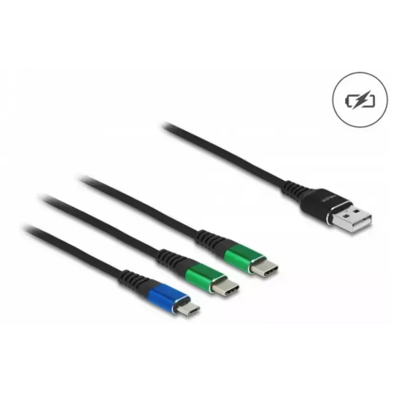 DeLOCK USB uzlādes kabelis 3 vienā, A tipa uz Micro USB / 2x USB Type-C, 1 m
