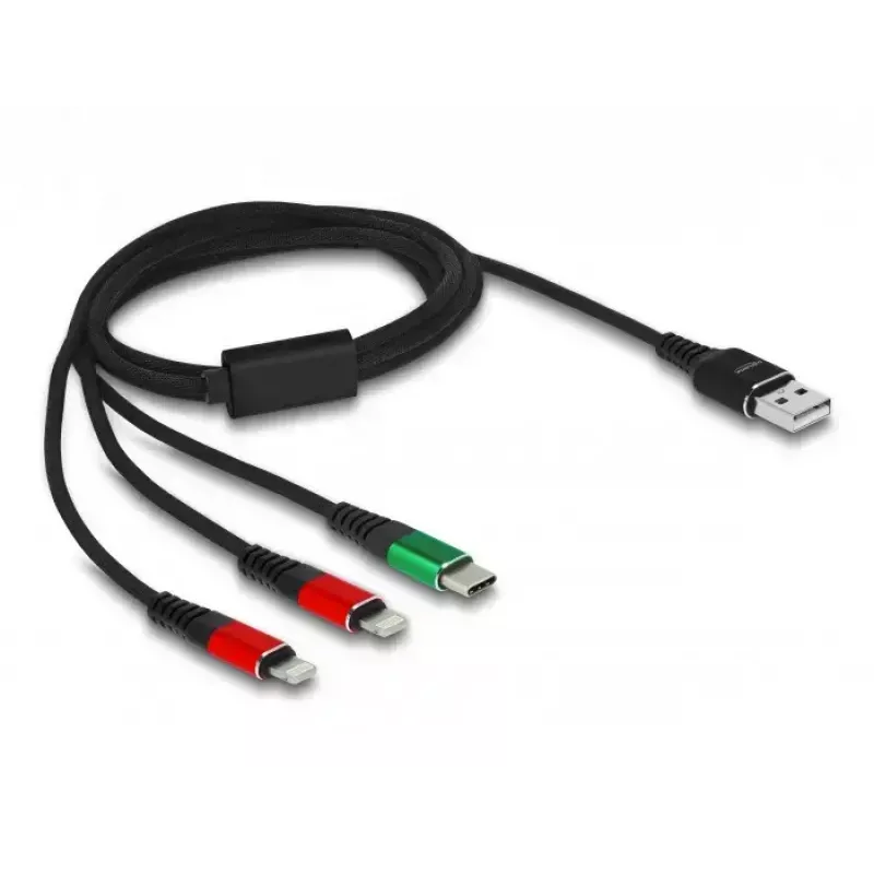 DeLOCK USB uzlādes kabelis 3-in-1 Type-A uz 2x Lightning USB Type-C, 1 m