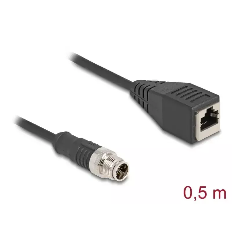 Tīkla kabelis DeLOCK M12 kabelis X-kodēts 8 kontaktu vīrišķais uz RJ45 sievišķo Cat5e 0,5 m Melns