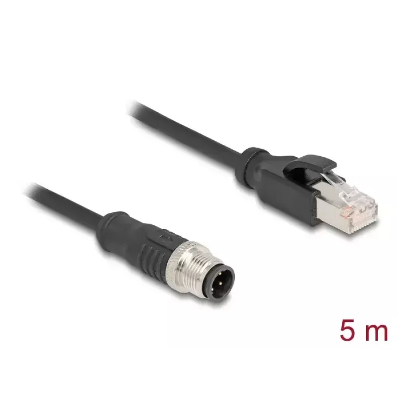 Tīkla kabelis DeLOCK M12 kabelis D-kodēts 4 kontaktu vīrišķais uz RJ45 vīrišķais Cat5e 5m Melns